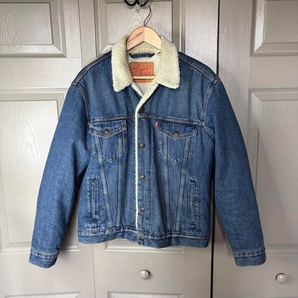 Levis Mens Blue Denim Sherpa Lined Trucker Jacket Medium Wash Size M